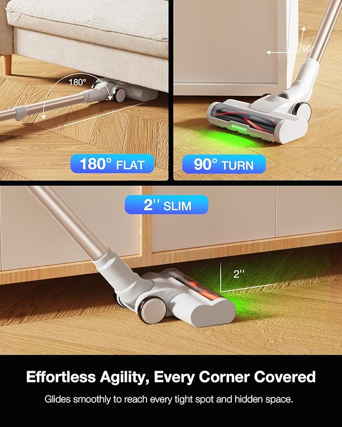 Cordless Stick Vacuum Cleaner for Home, Lightweight Rechargeable Vacuum with 55min Runtime, Powerful Suction, Green LED Headlight, 9-in-1 Pet Hair Carpet & Hardwood Floor Cleaner