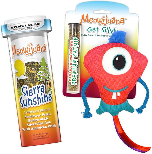 Meowijuana Ruby Rascal Bundle | Get Silly Refillable Ruby Rascal Toy and Sierra Sunshine Catnip Blend | Promotes Play and Cat Health | Includes North American Organic Catnip