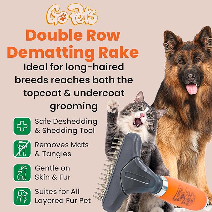 GoPets Double Row Dematting Rake, Undercoat Grooming Tool for Thick and Long Coat Pets, Ideal for Sensitive Skin, Reduces Breakage, Supports Daily Shedding Control, Detangler for Dogs and Cats