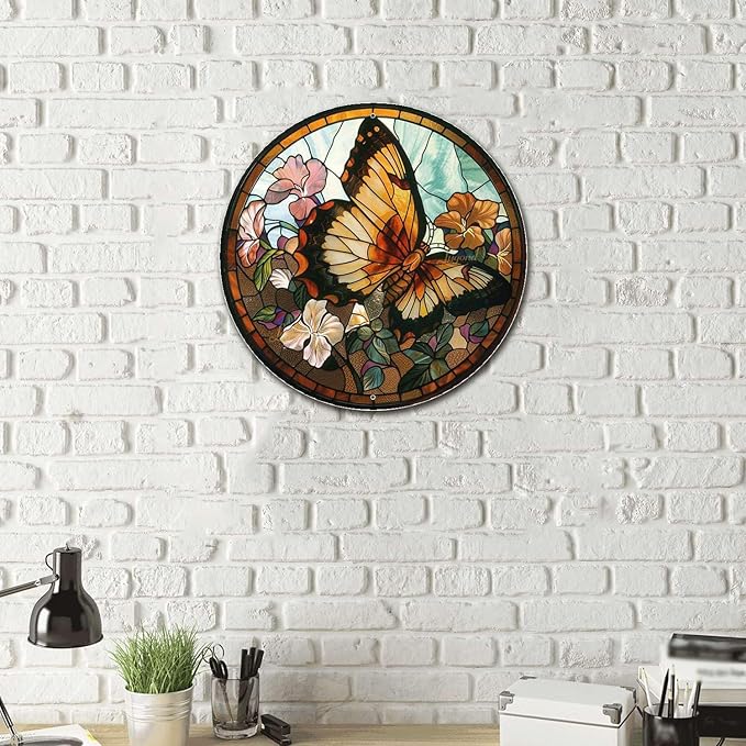 Lygond Metal Sign Tin Sign Circular Stained Glass Butterfly Inspirational Wall Art for Garage 12×12 Inches
