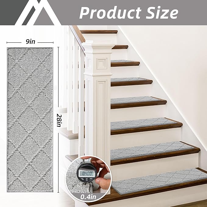 COSY HOMEER Edging Stair Treads Non-Slip Carpet Mat 28inX9in Indoor Stair Runners for Wooden Steps, Edging Stair Rugs for Kids and Dogs, 100% Polyester TPE Backing (7pc, Grey)