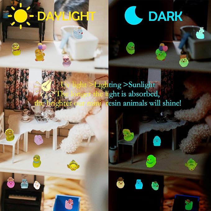 36 Types Luminous Mini Resin Ducks, Plastic Little Ducks to Hide Prank, Small Ducks Figures for Fairy Garden, Dollhouse,Terrariums, Potted, Cake Topper, Miniature Landscape Ornament.