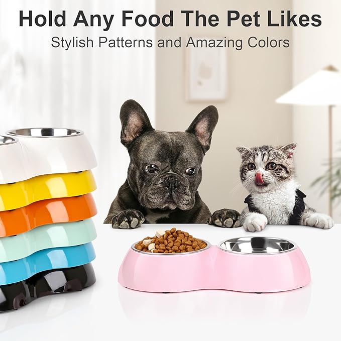 Stainless Steel Dog Bowls Set – Dual Non-Slip Pet Dishes with 2 Small (4oz*2) Bowls & Durable Resin Stand,Food & Water Feeder for Puppies, Kittens, and Small Breed Dogs– Pink