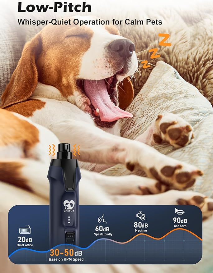 Casfuy 6-Speed Dog Nail Grinder – 50%+ Boost Power Dog Nail Trimmers Quiet with Dust Cap & 2 LED Lights & 2000mAh Battery & 4.8V Motor Electric Pet Toenail File Tool for Large Medium Small Dogs Cats