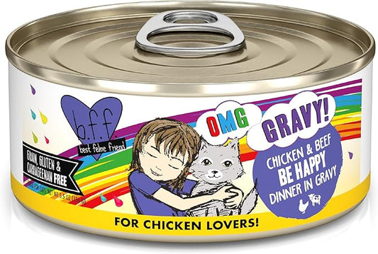 Weruva B.F.F. OMG - Best Feline Friend Oh My Gravy!, Chicken & Beef Be Happy with Chicken & Beef in Gravy, 5.5oz Can (Pack of 8)