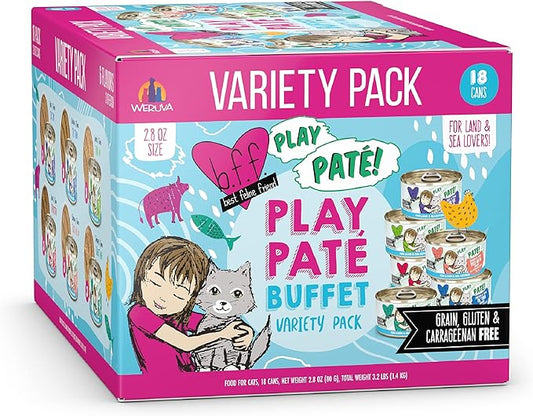 Weruva B.F.F. Play - Best Feline Friend Paté Lovers, Aw Yeah!, Play Paté Buffet Variety Pack, 2.8oz Can (Pack of 18)