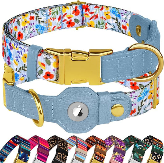 AirTag Dog Collar for Small Medium Large Breed - Adjustable Cute Pattern Dog Collar with Airtag Holder - Soft Leather Tracker GPS Apple Air Tag Pet Collars (Large, 17"-21" Neck Fit, Floral)
