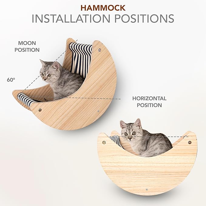 3-Piece Cat Wall Furniture Set - Hammock, Hexagon House, Climbing Steps - Wall Mounted Shelves, Perches, and Beds - Modern Design for Large Cats and Kittens & Spare Hammock Fabric Included