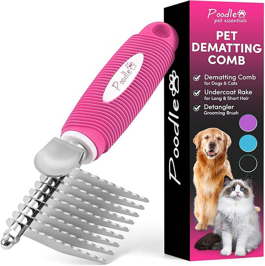 Poodle Dematting Fur Rake Comb Brush for Dogs and Cats - Long 2.5" Steel Safety Blades Metal Comb for Detangling Matted or Knotted Undercoat Hair
