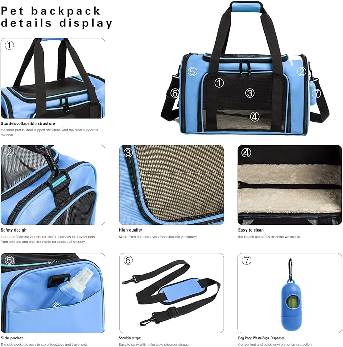 Cat Carrier Dog Carrier Pet Carrier Cat Bags for Small Medium Cats Dogs Puppies of 15 Lbs,of Airline Approved Small Dog Bag Soft Sided,Collapsible Travel Puppy Carrier (Medium, Blue)
