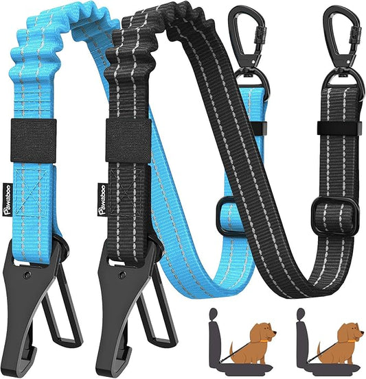 Pawaboo 2Pack Dog Seatbelt for Car, 3-in-1 Dog Seat Belt Bungee, Shockproof Dog Tether for Car with Buckle & Hook Latch, Adjustable Reflective Dog Car Harness Leash with 360° Lockable Buckle, Blue