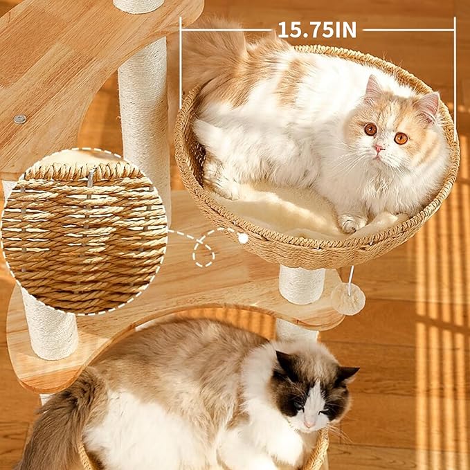 54" Modern Cat Tree Tower for Indoor Cats, Oak Cat Scratching Tree for Multiple Large Cats, Manual Hand Woven Luxury Cat Condo, Unique High-end Design Cat Furniture Activity Centre, Easy Clean