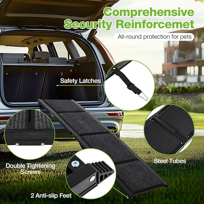 Dog Ramp for Car，63" x 17" Wide Folding Pet Ramp Dog Ramps for Medium & Large Dogs with Non-Slip Rug Surface ，Portable Dog Car Ramp for SUV Car & Truck, Outdoor Dog Ramp Up to 250 LBS