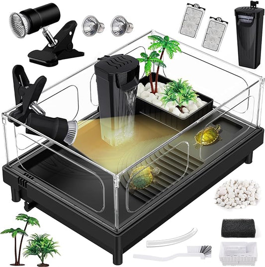 Small Turtle Tank Kit, Acrylic Turtle Tank Starter Kit with Basking Platform, Bottom Drainage, Multi-Function Areas for Turtles, Crabs, Crayfish, Small Reptiles. (Black Kit)