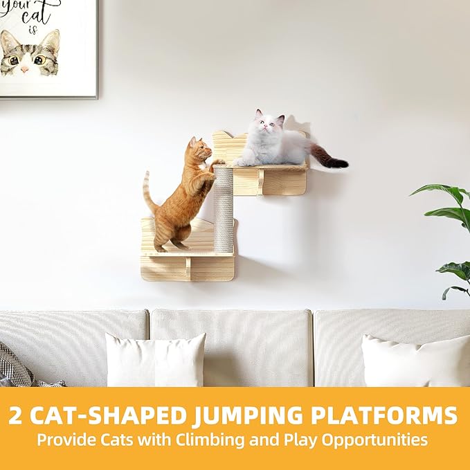 Cat Wall Shelves, Cat Wall Furniture Pine Wooden Feline Shelf, 5 Piece Shelves and Perches with Bed, House, Steps, Bridge Ladder and Scratching Post