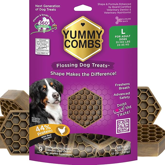 Dog Dental Treats – Vet VOHC Approved – Delicious Chicken Protein – Removes Tartar with Cleaning Comb Shape – Dental Dog Treats for Large Dogs (12oz, 9 Count)