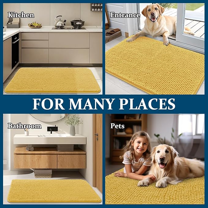 OLANLY Dog Door Mat for Muddy Paws 24x16, Absorbs Moisture and Dirt, Absorbent Non-Slip Washable Doormat, Quick Dry Chenille Mud Mat for Dogs, Entry Indoor Entryway Carpet for Inside Floor, Yellow
