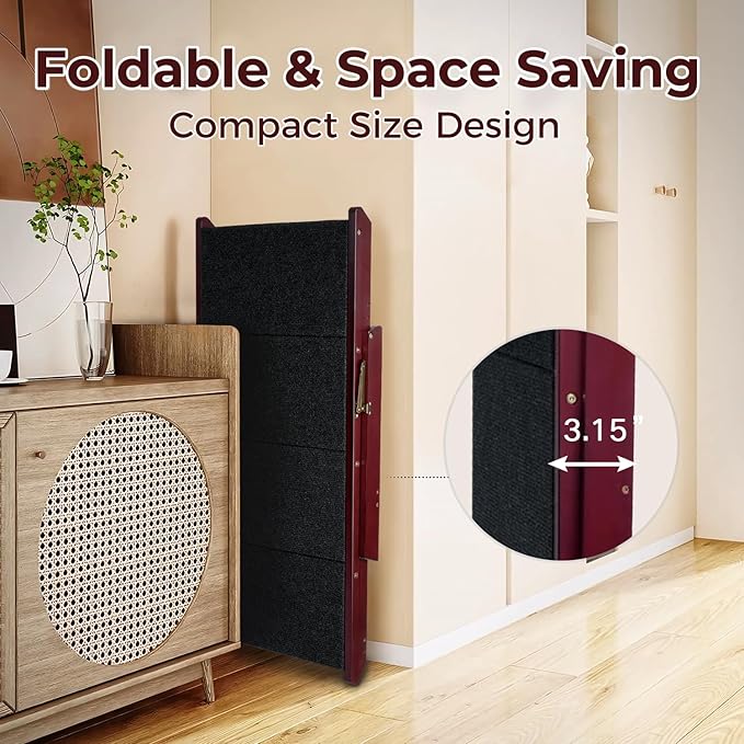 BRIKY Wooden Dog Stairs/Steps - Foldable 4 Steps Dog Steps for High Bed Couch Cars, Non-Slip Pet Stairs for Small Large Medium Dogs and Cats, No Assembly Required