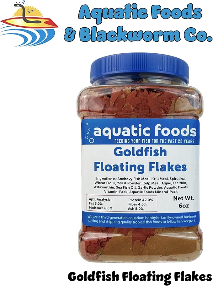 Aquatic Foods Inc. Premium Goldfish Flakes, 42% Protein Color Enhancing and Spirulina Flakes for Aquarium, Koi and All Pond Fish Also Pellet Mix, Wafer Mix Included…6oz Jar