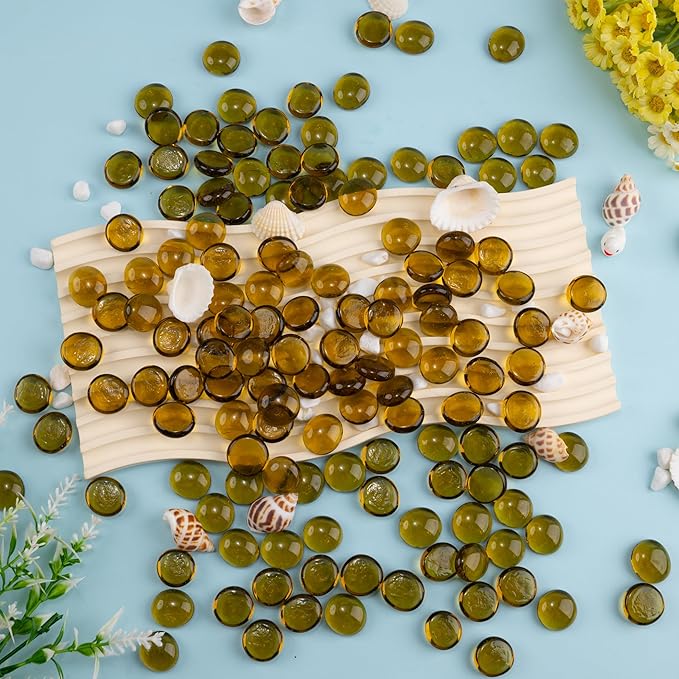 Amber Glass Marbles, 0.97LB Transparent and Smooth Mancala Stones, Yellow Flat Glass Beads for Vases, Mosaic Gem Pebbles for Aquarium Decor, Floral Arrangements Vase Filler and Crafts,Approx.80-100PCS