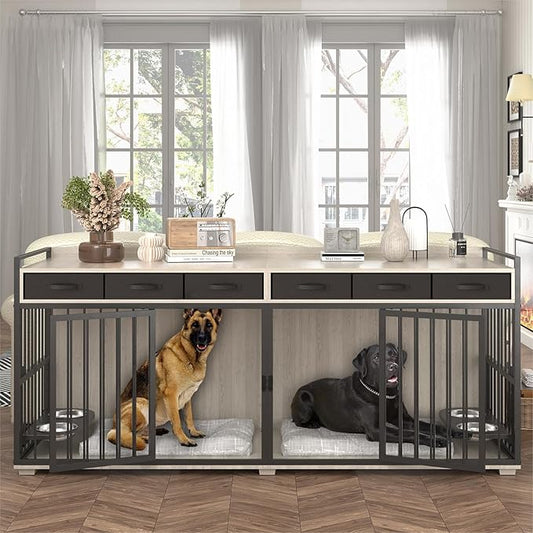 86.6inch Dog Crate Furniture with Storage,Furniture Style TV Stand Dog Kennel for 2 Dogs,with 6 Drawers,Removable Divider&Adjustable Bowls,Heavy Duty Metal Chew-Resistant Dog Crate Furniture