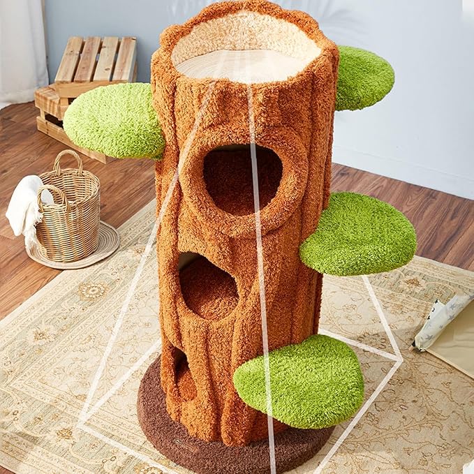 47.2'' Natural Wooden Cat Tree, Modern Cat Condo for Indoor Kitten, Multi-Level Cat Tower with Cat Perch and Scratching Pad for Multi-Cat Families