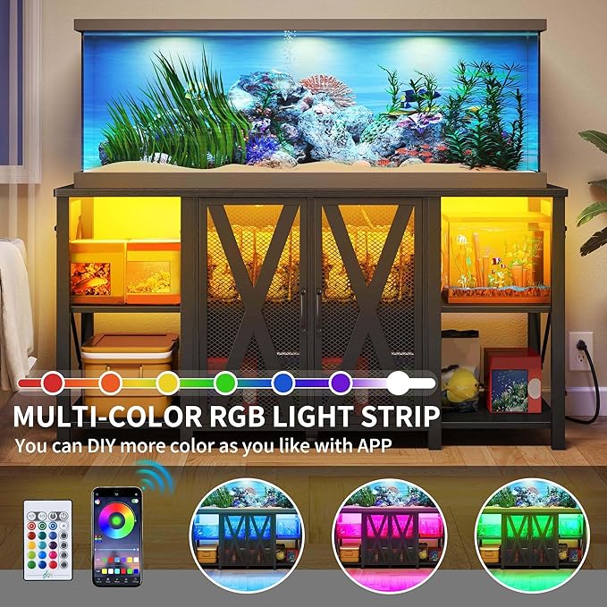 DWVO Reptile Tank Stand Aquarium Stand with Power Outlet & LED Light, 75/90/120 Gallon Terrarium Stand Cabinet - Heavy Duty Fish Tank Stand for Turtle Tank, Reptile Terrarium, 2000LBS Capacity, Black