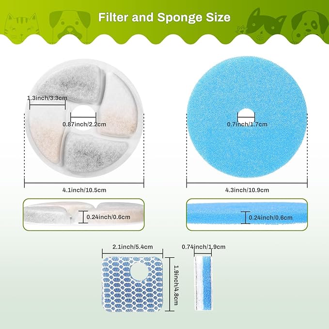 5 Set Cat Water Fountain Filter Replacement for Square 2.2L/73oz Stainless Steel Cat Fountain, ZEKIRY Pet Fountain Filter, Triple Filtration Replacement Filters(5 Filter, 5 Sponge, 5 8D Sponge)