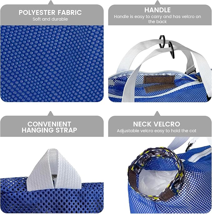 Cinf Cat Bathing Bag(Free Muzzle) Breathable Mesh Anti Scratch Adjustable Cat Grooming Bag for Nail Trimming, Bathing Soft Cat Washing Bag(Blue) M
