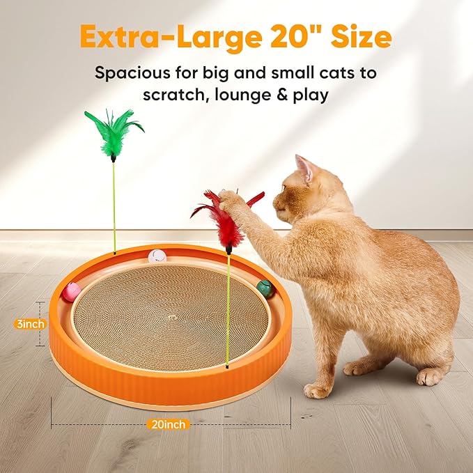 20-Inch Round Cat Scratcher with Ball Track – 3-in-1 Cardboard Cat Scratching Pad with Feather Toys, Non-Slip Base – Interactive Cat Toy for Indoor Cats, Kitten Scratch Play Lounge Board (Orange)