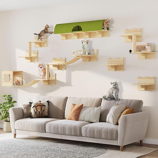 Cat Wall Shelves, Cat Wall Furniture Pine Wooden Feline Shelf, 16 Piece Feline Shelves and Perches with Condos, House, Steps, Bridge Ladder, Scratching Post and Tunnel