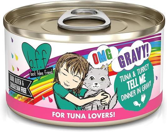 Weruva B.F.F. OMG - Best Feline Friend Oh My Gravy!, Tuna & Turkey Tell Me with Tuna & Turkey, 2.8oz Can (Pack of 12)