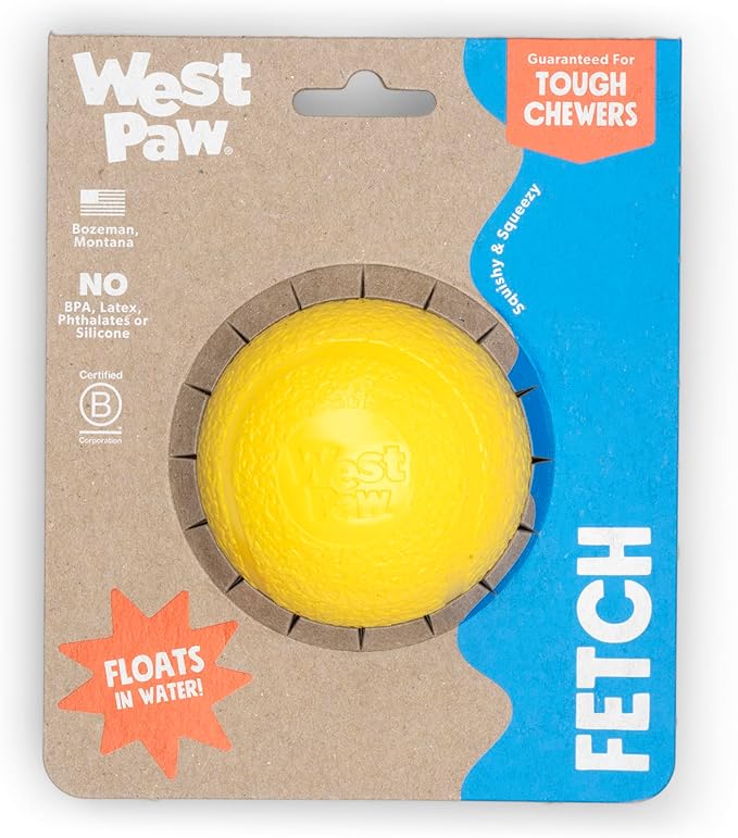 WEST PAW Boundr Ball Dog Fetch Toy – Bouncing Toys for Dogs, Fetch, Catch, Chewing, Play – Floatable, Recyclable Balls – Large Dandelion Yellow