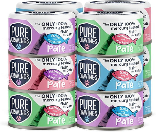 Pate, Canned Wet Cat Food, 100% Mercury-Tested, Moist Can Fish, Grain-Free Protein, Non-GMO, Variety Pack of 12-3X Tuna/Salmon, 3X Tuna/Pumpkin, 3X Tuna/Sardine, 3X Salmon/Sardine