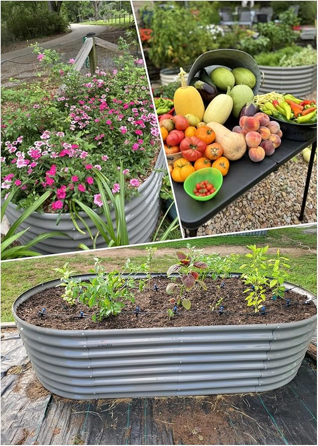 A ANLEOLIFE 8X4X2 ft Galvanized Raised Garden Beds Outdoor, Oval Large Metal Deep Root Planter Box for Planting Vegetables Flowers Herb, Anti-Rust & Easy-Setup, Quartz Grey
