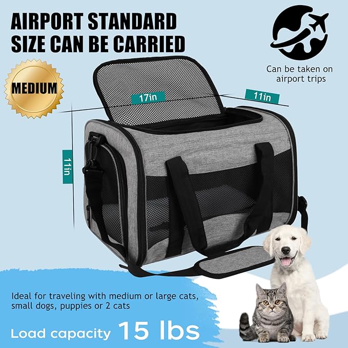 Carriers Soft-Sided Pet Carrier Case for Small Medium Cats Dogs Puppy Under 15 lbs,Airline Approved Cat Carrier with 4 Ventilated Windows (Medium,Grey&Black)