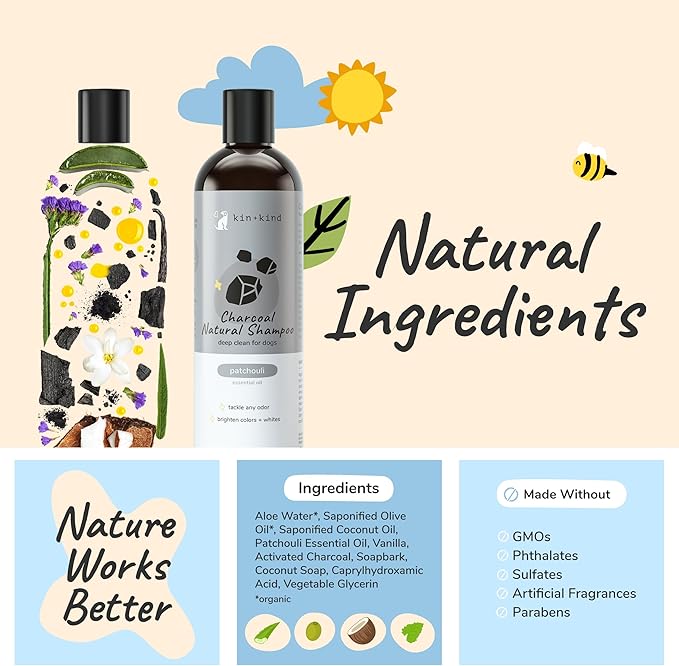 kin+kind Dog Shampoo - Deep Clean, Dirt & Odor Remover w/Activated Charcoal for Dogs, Gentle Formula w/Natural Aloe, Olive Oil & Coconut Oil, Pet Hair Care & Grooming Products, Patchouli, 12 fl oz