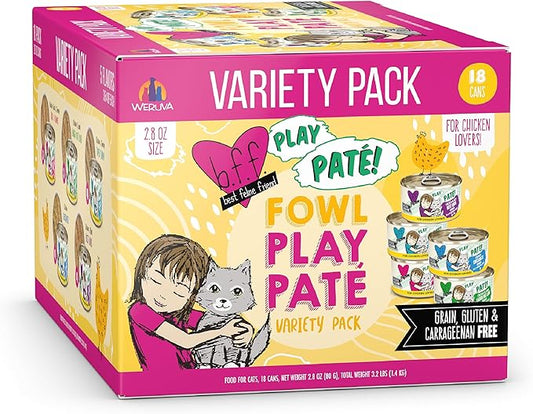 Weruva B.F.F. Play - Best Feline Friend Paté Lovers, Aw Yeah!, Fowl Play Yellow Patés Variety Pack, 2.8oz Can (Pack of 18)