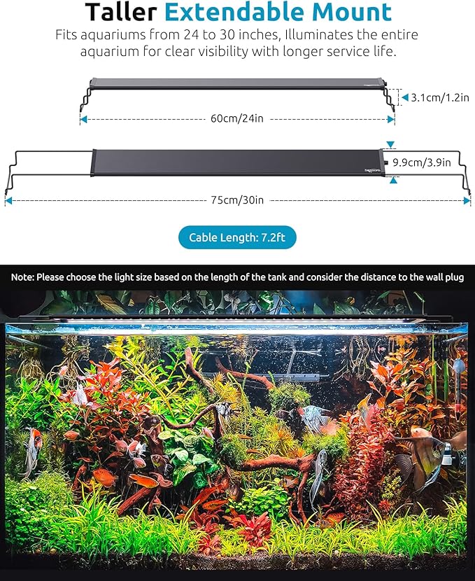 Aquarium Light for Fish Tank, 24/7 Custom Timer, Power-Off Memory, 7-Row LED 24-30in Full Spectrum Fish Tank Lights, 8 Colors, 20 Brightness, Day&Night Cycle, Adjustable Mount for Freshwater