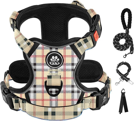 IVY&LANE No Pull Dog Harness with Leash Set, Reflective No Choke Pet Vest,Adjustable Oxford Dog Vest Harness with Easy Control Handle for Large Dogs (Checkered Beige,XL)