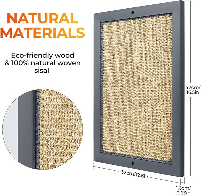 Cat Scratching Post, Natural Wooden Sisal Cat Wall Scratcher, Floor or Wall Mounted Vertical Cat Scratch Pad for Indoor Cats Adults or Kittens, Cat Wall Furniture Protector (Single Grey)