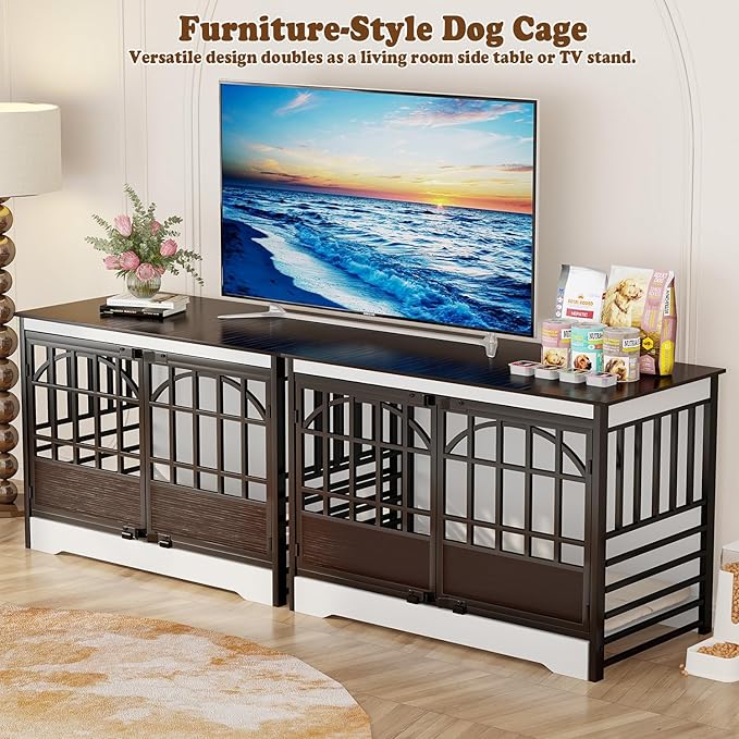 COZPAW 52 Inch Dog Crate Furniture, Extra Large Dog Kennel Indoor for XLarge Breed, Heavy Duty Dog Cage with Double Elegant Arched Doors, Decorate as TV Stand & End Table - White Brown