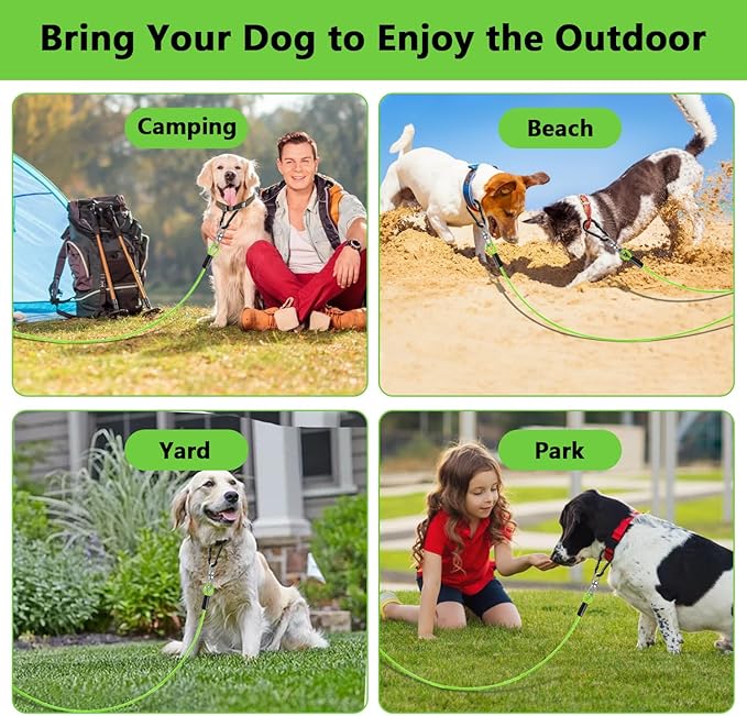 Dog Tie Out Cable 15FT-500Lbs,Heavy Duty Dog Leads&Tether for Yard with Swivel Hook,Small Large Dogs Leash Line for Outside,Rust Chew Proof Dogs Run Cable for Outdoor Camping (Green, 15FT)
