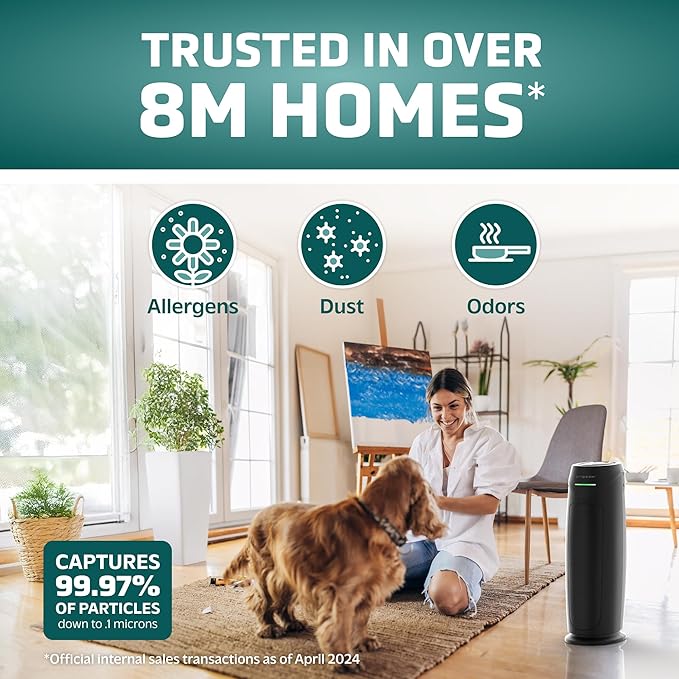 GermGuardian HEPA Air Purifier for Home, Large Rooms Up To 743 Sq. Ft. with HEPA PURE Air Filter, Air Quality Monitor & UV-C Light, AC4880B, 22" Tower, Black