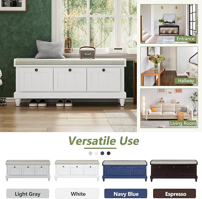 Classic Shoe Storage Bench with Cushion and Three Drawers, Fluted Entryway Bench with Storage for Entryway, Living Room, Hallways 44.0" L x 15.9" W x 18.9" H White
