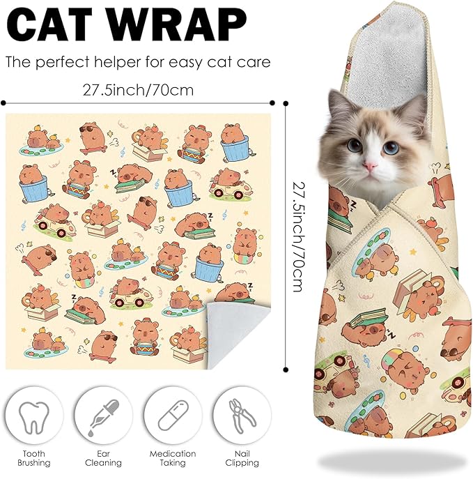 27.6"Cat Grooming Wrap, Self Adhesive Cat Wrap for Cutting Nails, Anti-Escape Calming Cat Swaddle Wrap for Medicine Ear Cleaning, Anti-Scratch Cats Burrito Restraint Blanket, Multifunctional Pet Tool