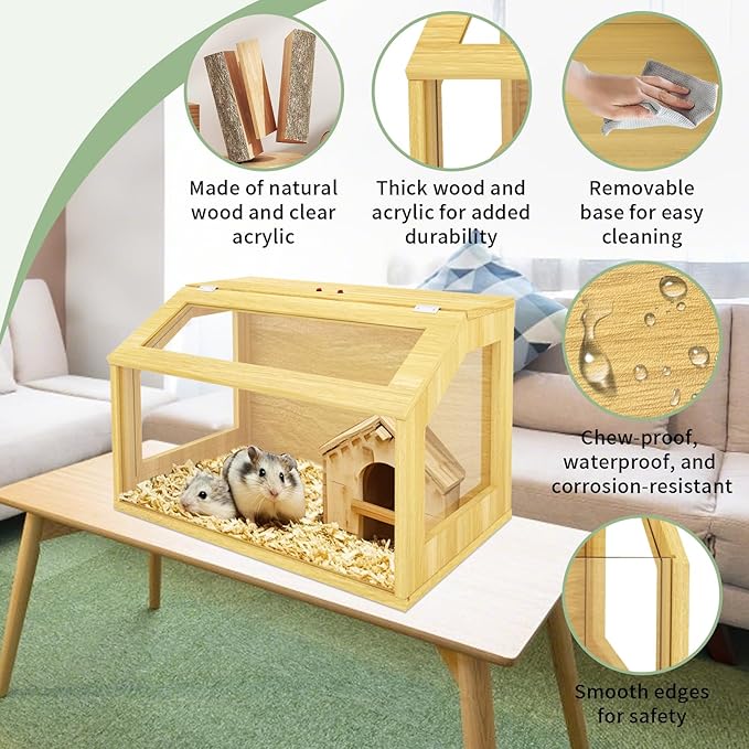 24" Wooden Hamster Cage, Chewproof Gerbil Cages and Habitats, Openable Top Roof Window with Silencing Pad, Guinea Pig Cage for Small Animals, Dwarf and Syrian Hamster, 24 x 16 x 16 Inches