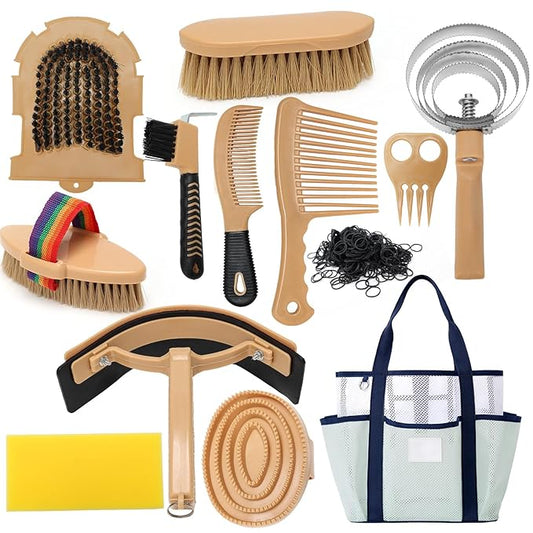 Horse Grooming Kit for Bathing, 13Pcs Horse-Brush Set with Mesh Bag, Shower Brushes, Braiding and Curry Comb, Sweat Scraper, Hoof Pick, Shedding Massaging Tool Supplies for Riders Beginners