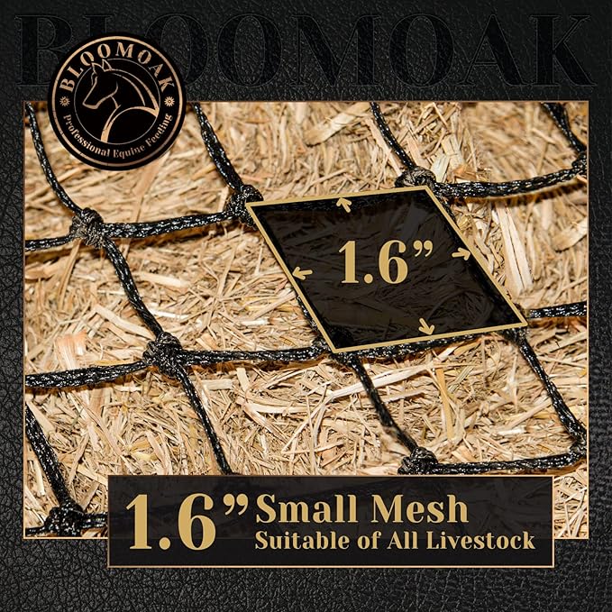 Bloomoak Slow Hay Net Feeder for Horses, Durable Soft Black PE 2/3 String Hay Bales Bags, Fit 36x18x18 to 47x25x17 Inches, Extends 50-64 Inches (2 1.6" Hole/2PC)