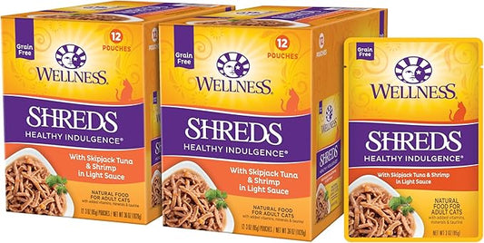 Wellness Healthly Indulgence Shreds Adult Wet Cat Food, Natural, Protein-Rich, Grain Free, 3 Ounce Pouch, 24 Pack, (Tuna & Shrimp)